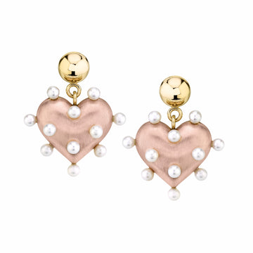 3-dimensional 14K rose gold brushed puffy heart earrings are embellished with freshwater pearl 