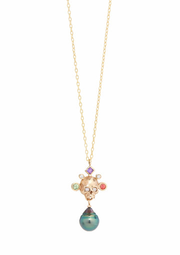Yellow gold skull pendant with multicolored gemstones and green pearl on gold chain