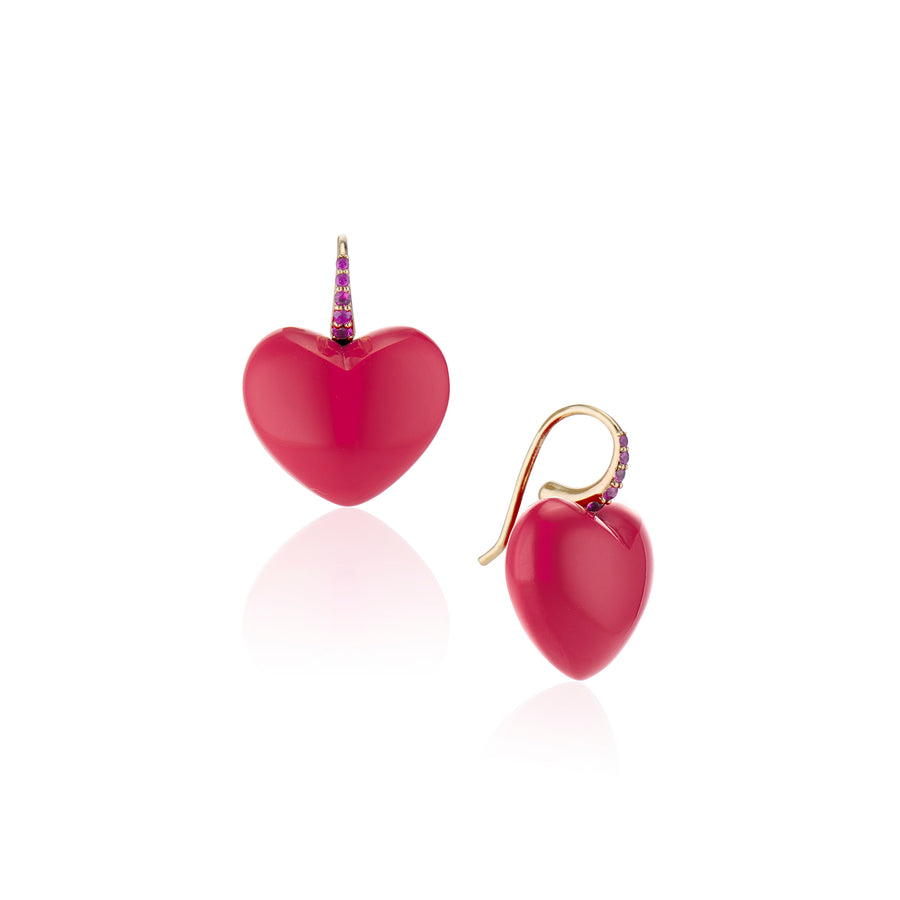coral heart earrings with gold ruby earring hooks on white background