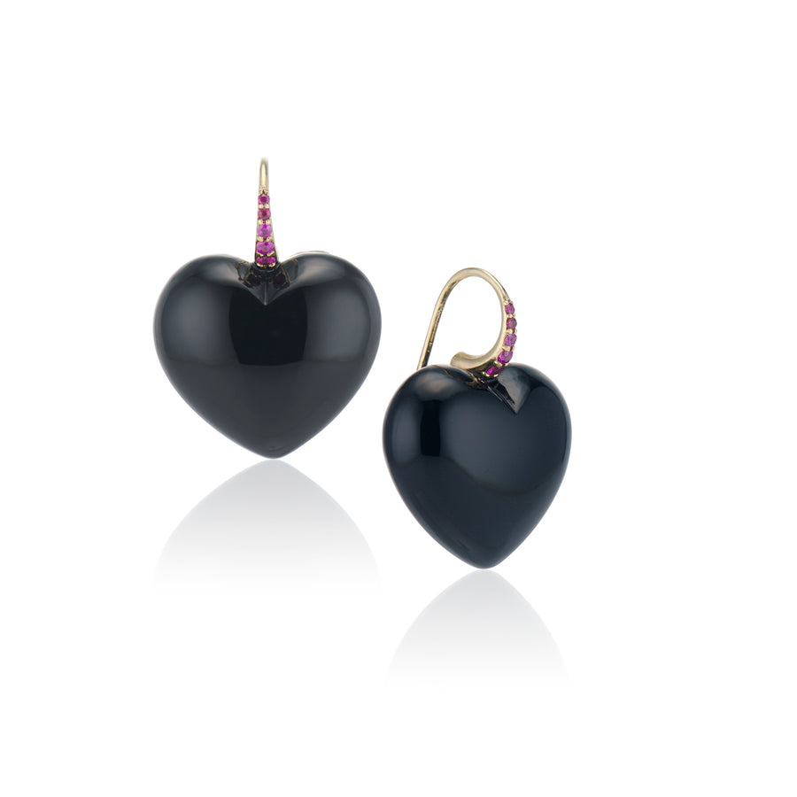 black heart earrings with gold ruby earring hooks on white background