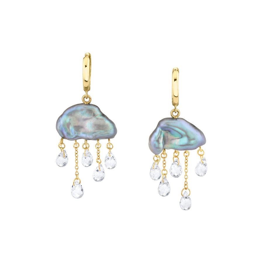 Blue grey cloud-shaped pearls on yellow gold hoops with white topaz briolettes dangling below like rain drops