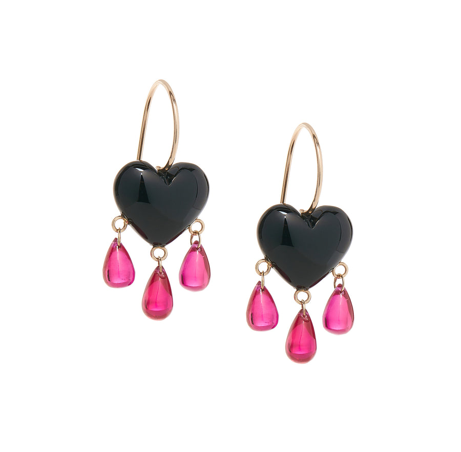 small smooth jet black onyx earrings with gold ear wires drips with a trio of ruby blood