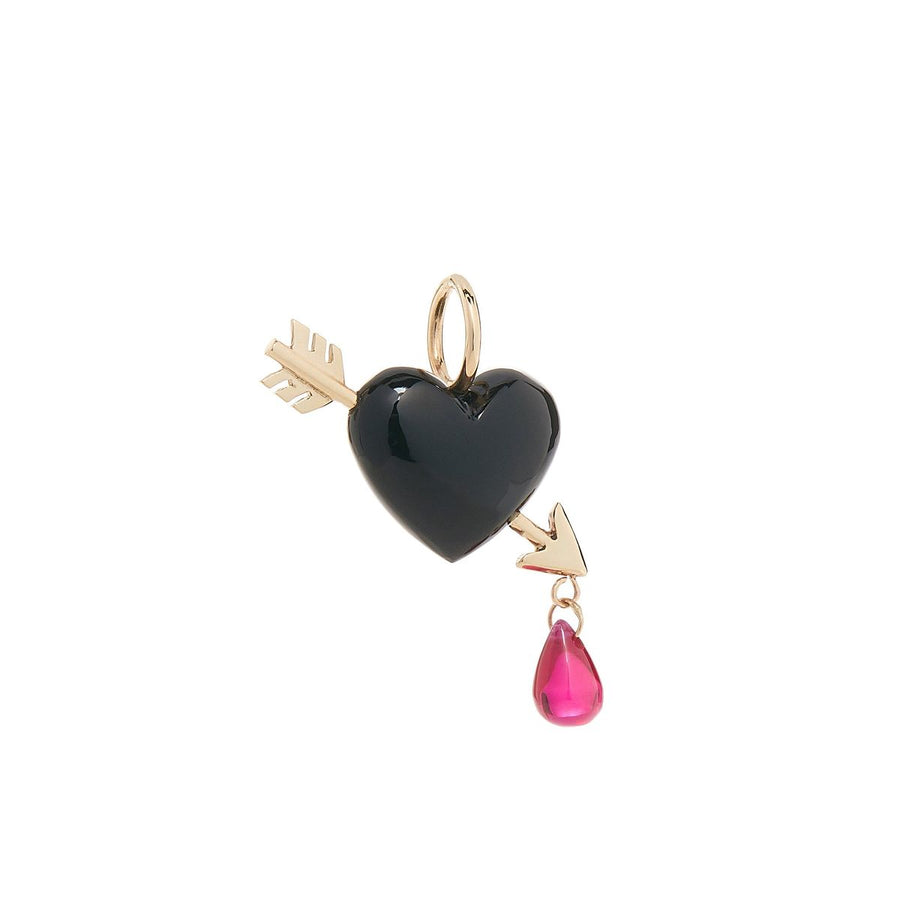 small Smooth jet black onyx is pierced with a 14K gold arrow, leaving a single drop of ruby blood dripping from its tip