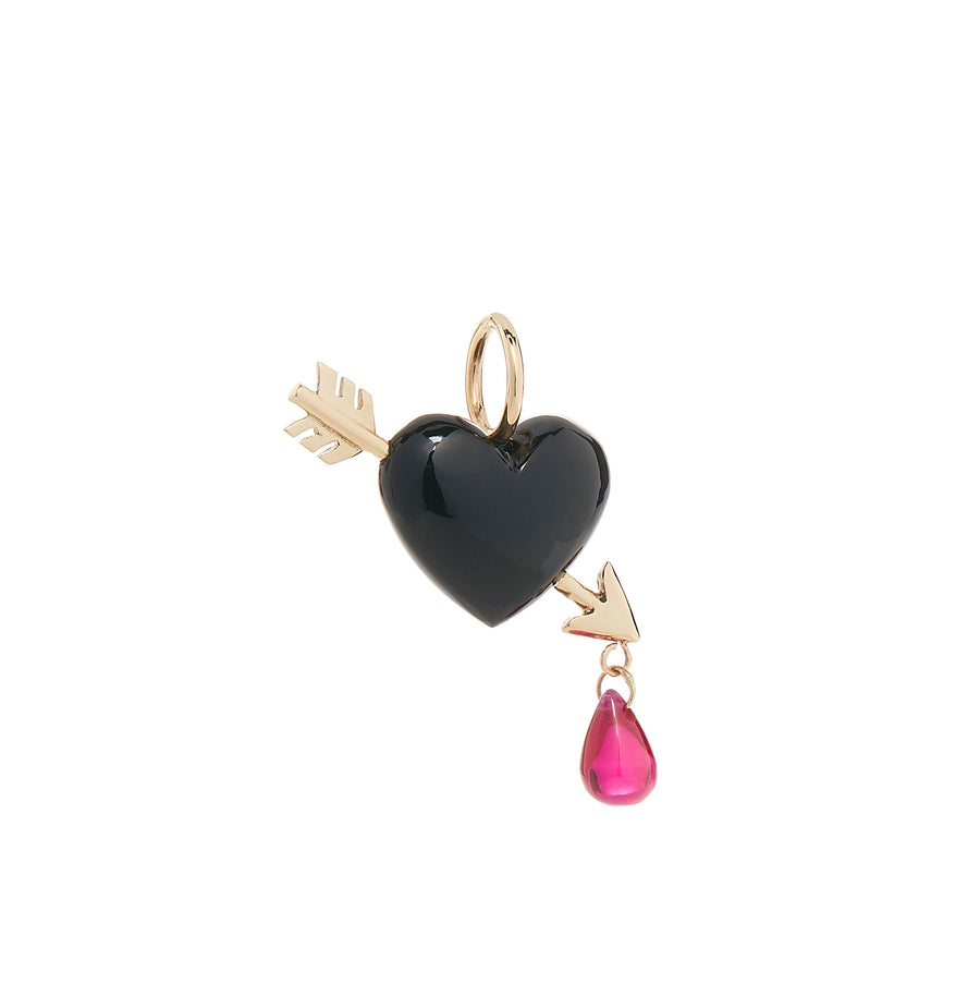 small Smooth jet black onyx is pierced with a 14K gold arrow, leaving a single drop of ruby blood dripping from its tip