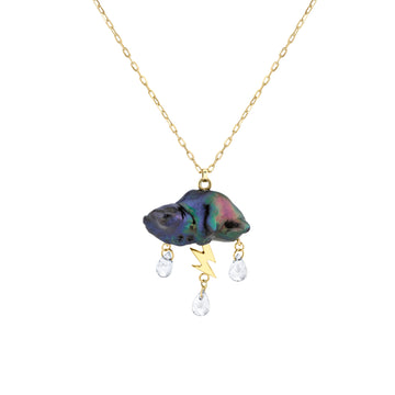 Iridescent colored cloud-shaped pearl pendant with raindrops and a gold lightning bolt.