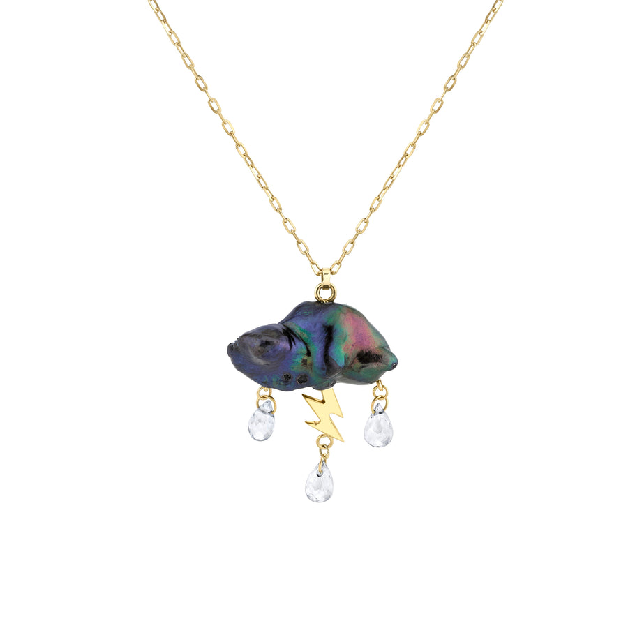 Iridescent colored cloud-shaped pearl pendant with raindrops and a gold lightning bolt.