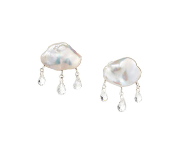 white keshi pearl earrings in cloud-like form with three white topaz dangling from the bottom with yellow gold components