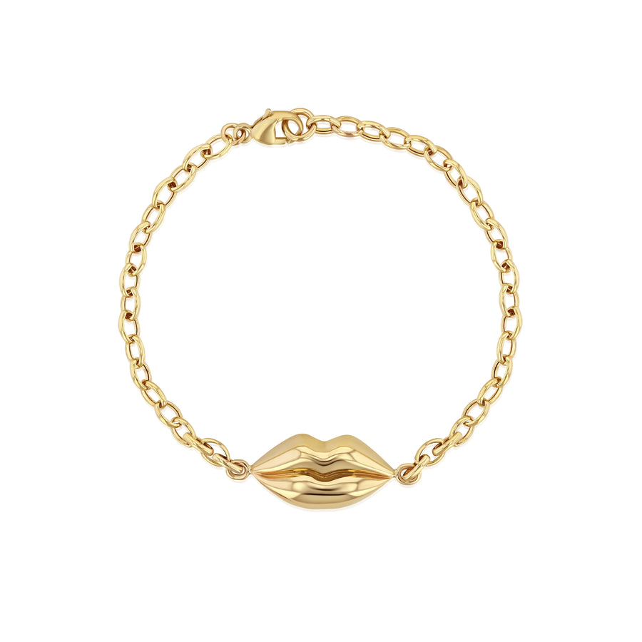 gold lips bracelet with gold chain on a white background
