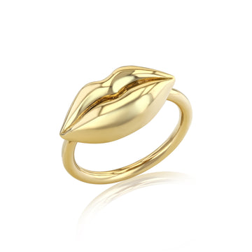 detailed view of 14K gold lips on plain gold band with a high polished finish, these lips add a lick of playful surrealism to your ring lineup