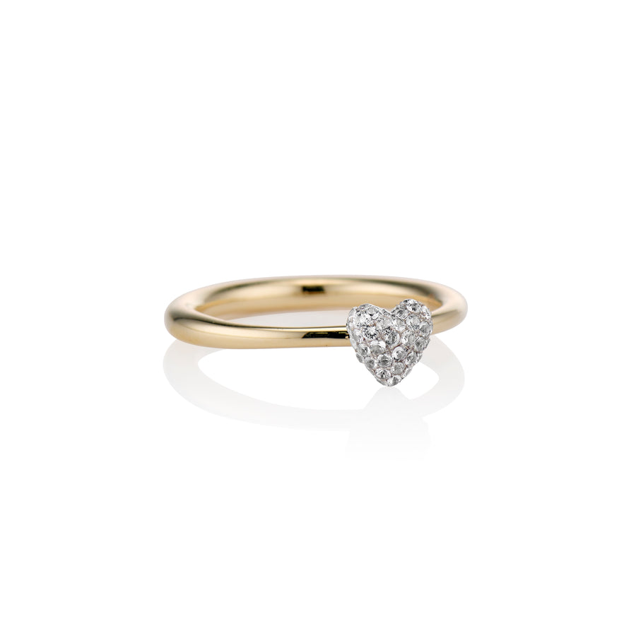 45 degree angle shot of the sweet p heart ring white sapphire on a white background with a gold band